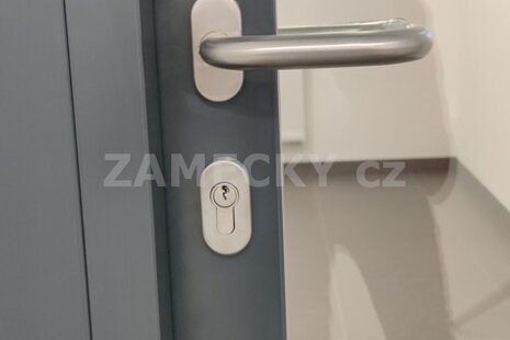 Hliníkové dveře v kancelářské budově v Praze, které jsme dodatečně osadili panikovým zámkem pro splnění normy ČSN EN 179.